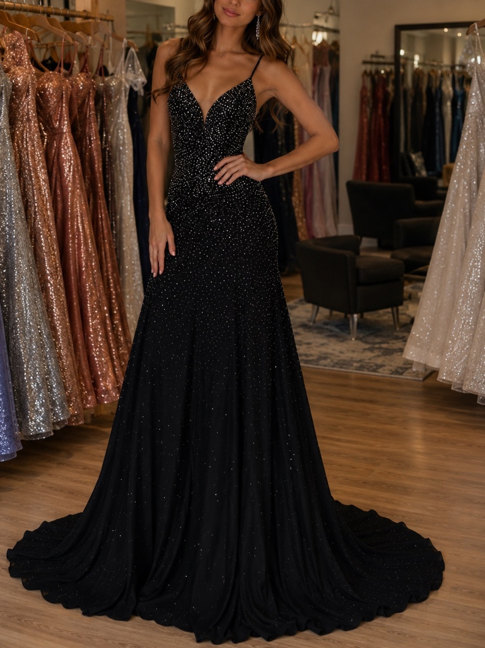 Ellie Wilde Black Rhinestone Spaghetti-Strap Prom Gown